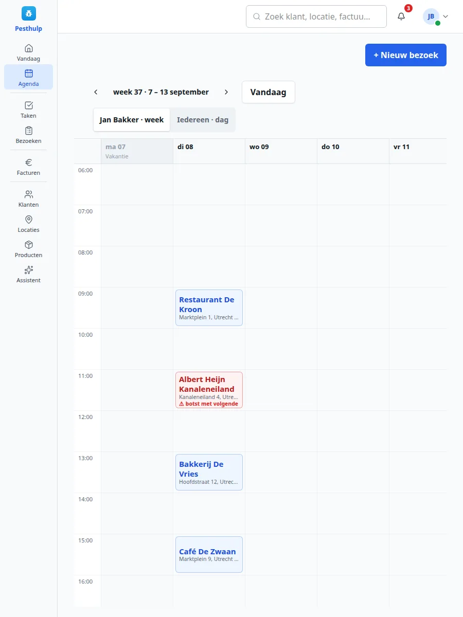 Een weekagenda voor Jan Bakker met bezoeken op dinsdag, een grijze vakantiedag op maandag en een blok dat meldt dat het botst met het volgende.