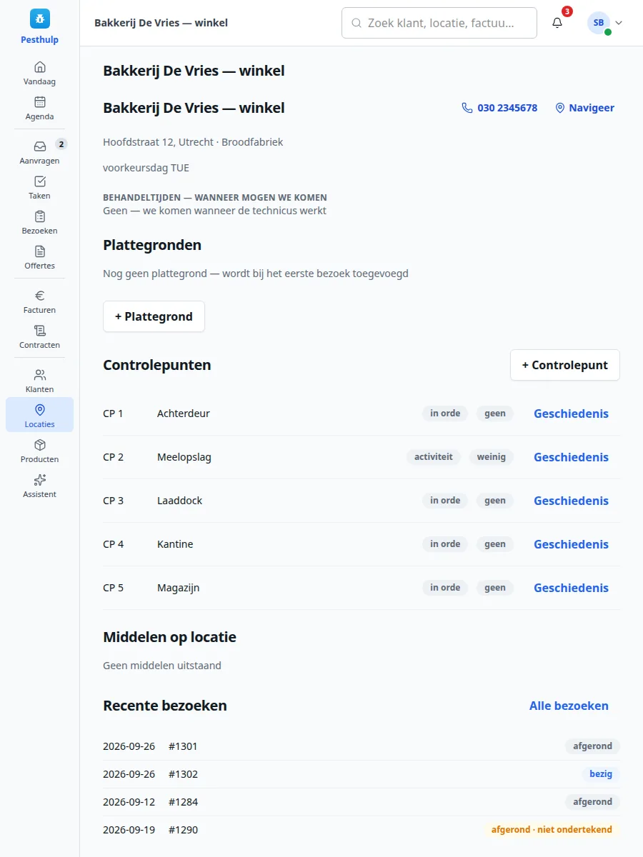 Een locatiepagina met de behandeltijden, vijf controlepunten met hun status en een link naar de geschiedenis per punt.
